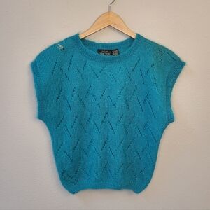 VTG 80s 90s Jeanne Pierre Mohair Blend Sweater Vest Medium Teal Blue Pointelle
